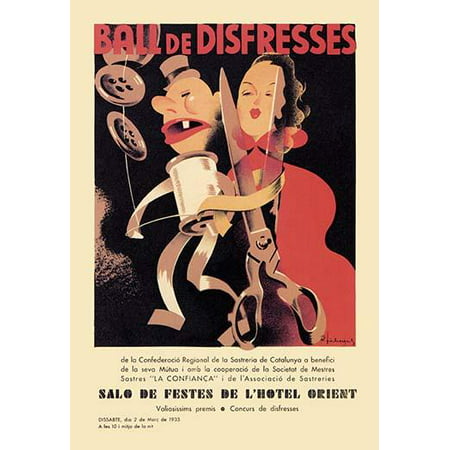 A costume ball the Ball de Disfresses to be held at the Salo de Festes de lHotel Orient 1935  The homemade costumes are promoted by the poster art of a spool of thread and a pair of scissors in human