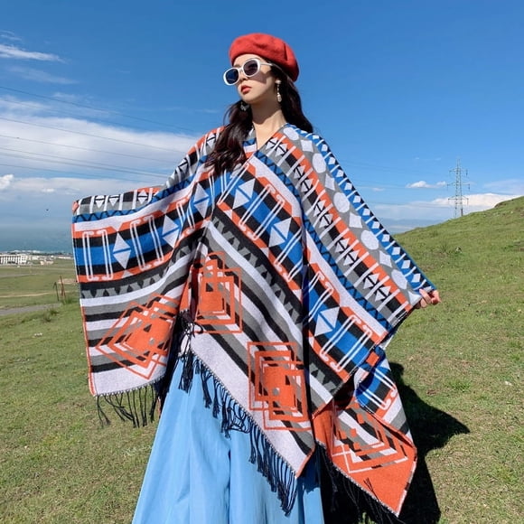 Nvzi Châles Ponchos Ouverts sur le devant, Capes Surdimensionnées, Cardigans Décontractés pour Automne Hiver, Grille en Diamant Colorée