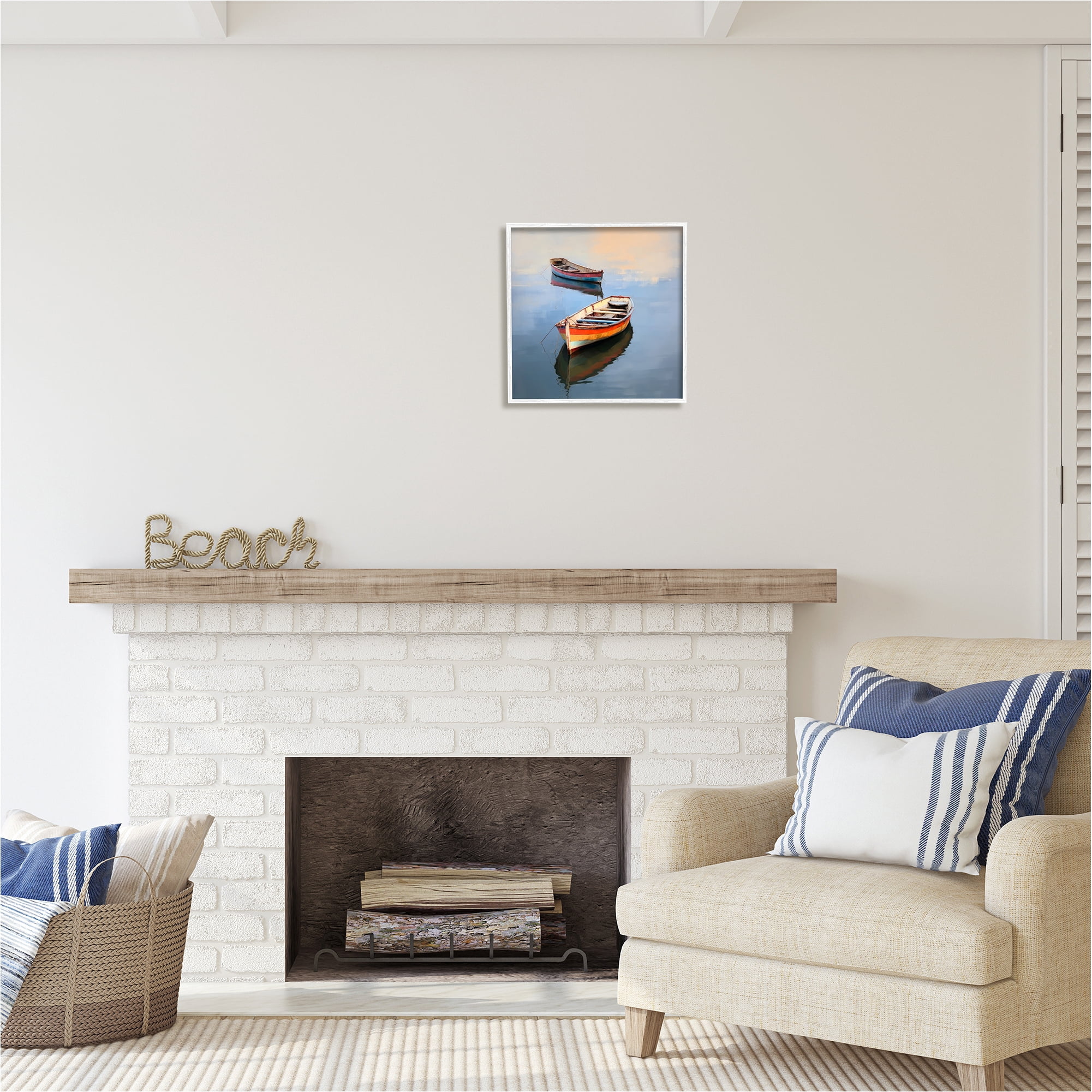 Stupell Industries Striped Boats in Lake Transportation Painting White Framed Art Print Wall Art, 17 x 17