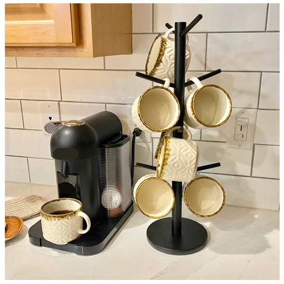 Evelots Countertop Coffee Mug Holder - Tea Cup Organizer Rack - Tree Hooks Hold 8 Large Mugs - Sturdy Wood with Black Finish - Coffee Bar Display Storage