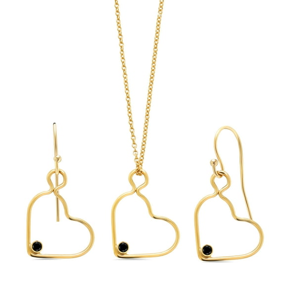 Gem Stone King 0.10 Ct Round Black Diamond 14K Gold Filled Heart Pendant and Earrings Jewelry Set With Chain