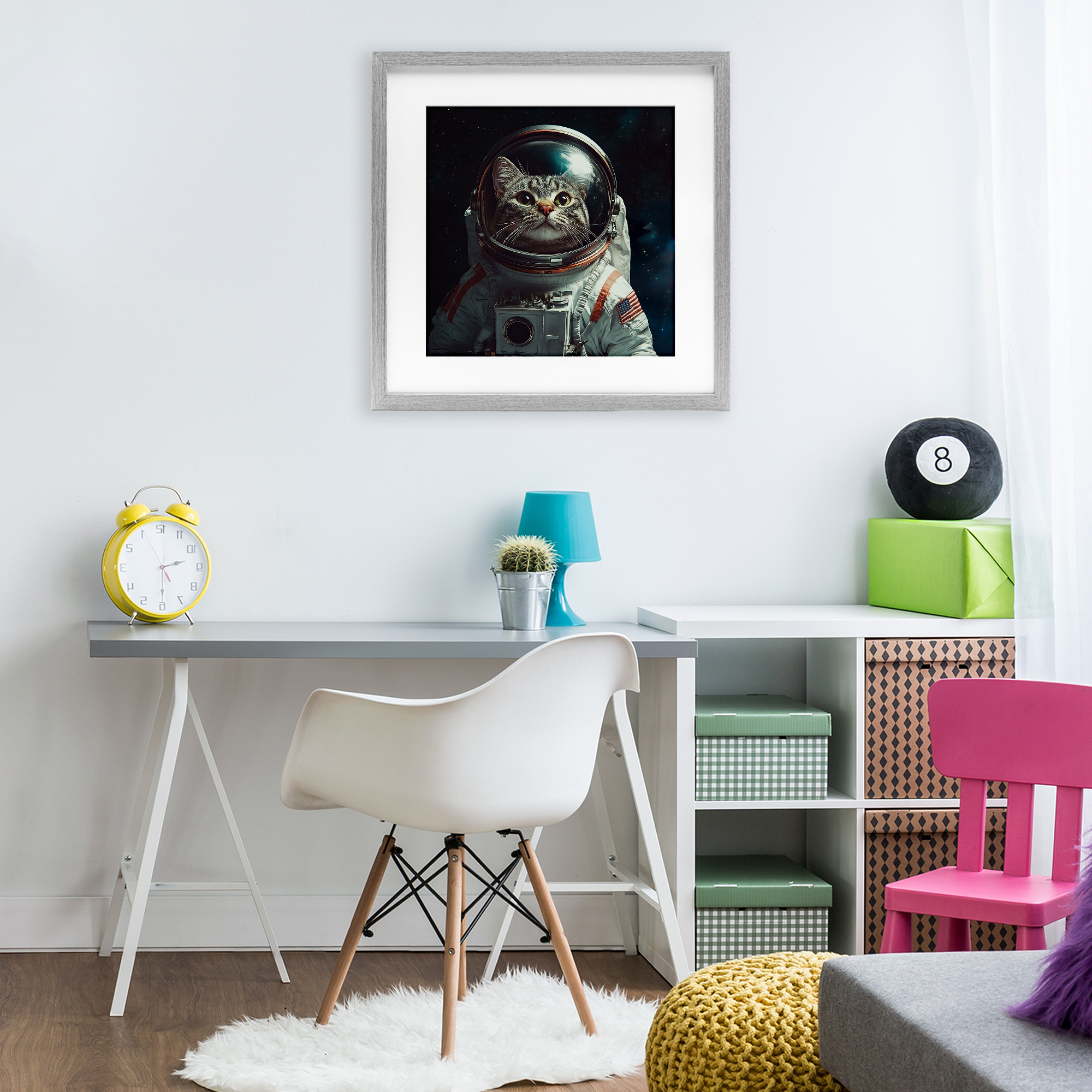 Catstronaut Cat Astronaut Gray Framed Print Under Glass, design by Jim Baldwin