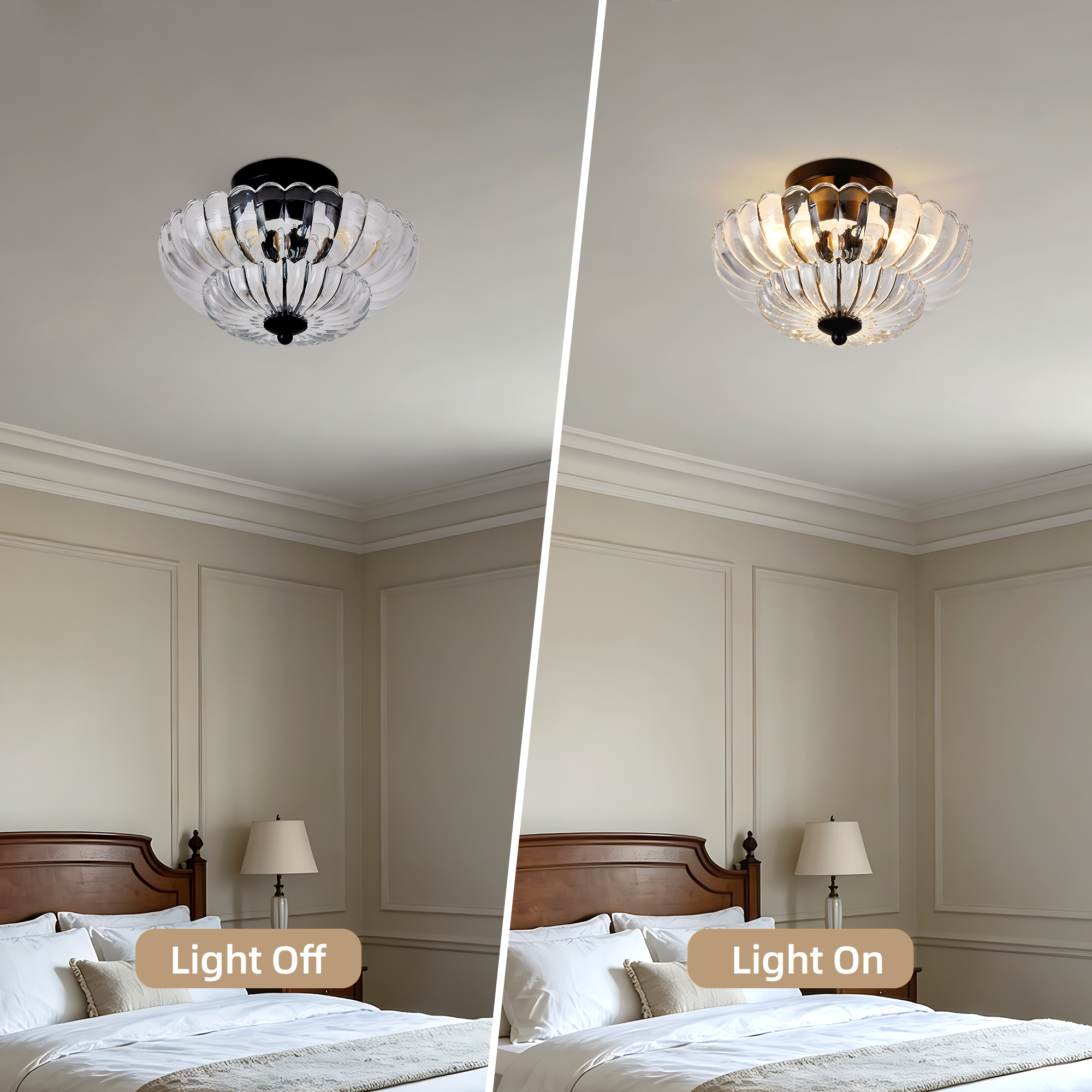 Leumius Semi Flush Mount Ceiling Light, 3-Light Close to Ceiling Light Fixtures with Flower Glass, Vintage Ceiling Lights for Hallway Living Room Kitchen Bedroom Bathroom, Clear+Black