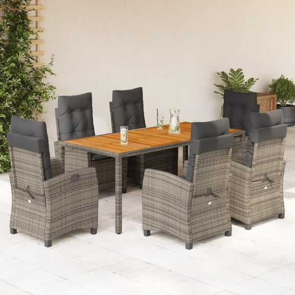 vidaXL 7 Piece Patio Dining Set with Cushions Gray Poly Rattan