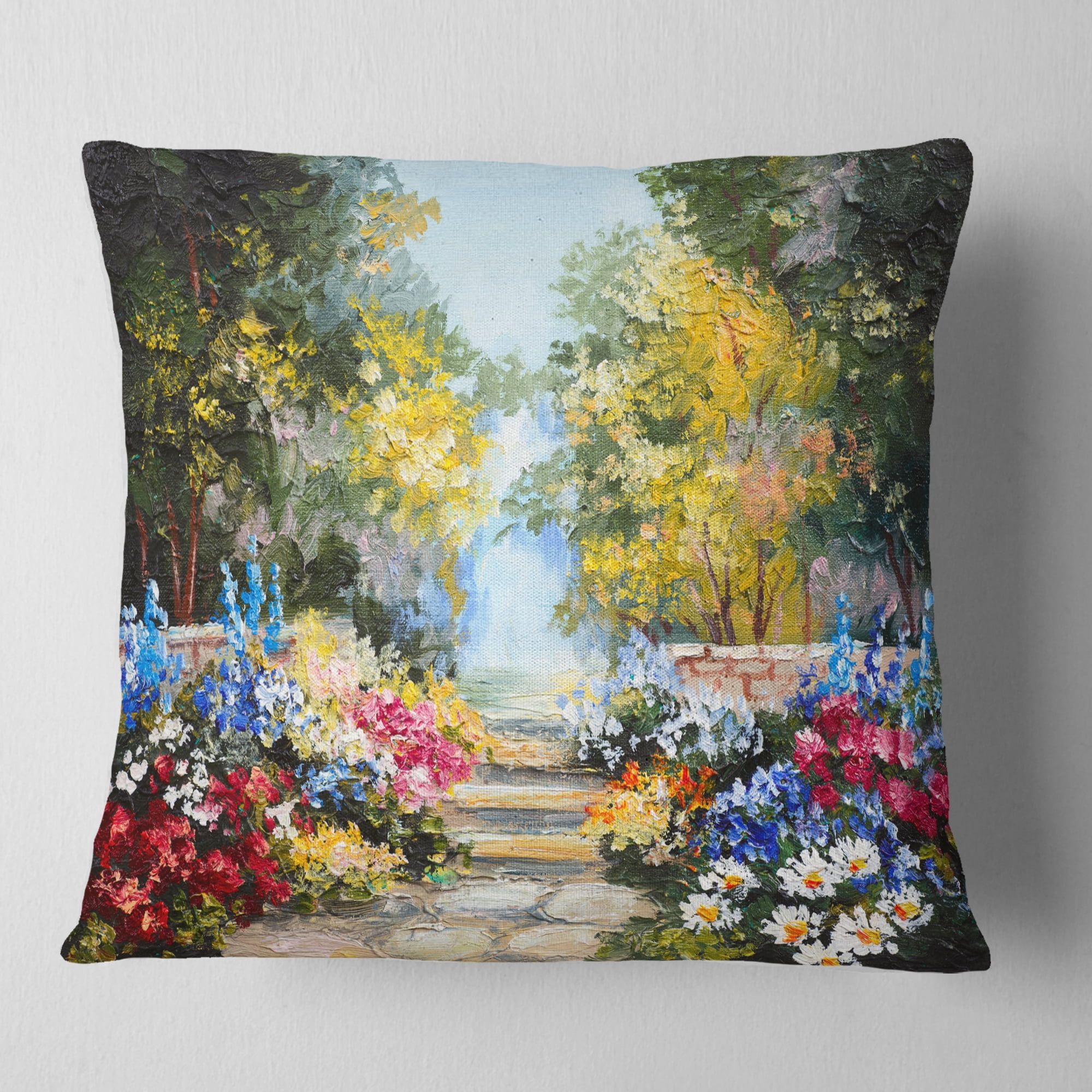 Designart Summer Forest with Flowers - Landscape Printed Throw Pillow - 18x18