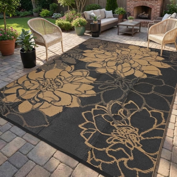 Black&Brown Outdoor Plastic Straw Rug 9x18 Waterproof Reversible Mat Floral Tropical Patio Rug with 4 Stakes and Starage Bag Portable Outdoor Area Rug for Camping Porch Deck Rv Balcony Backyard Beach