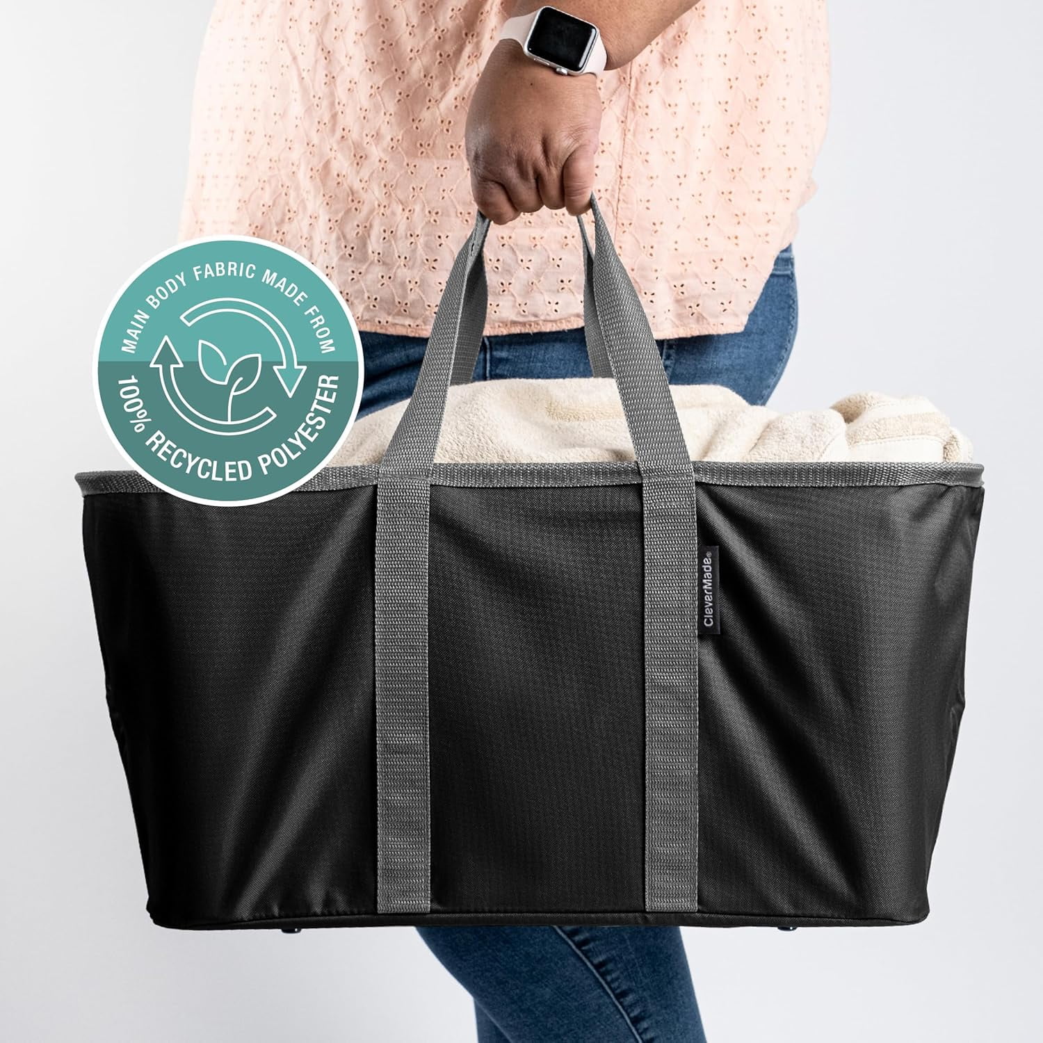 CleverMade Collapsible Laundry Tote, Midnight Black/Shadow Gray, 2-Pack