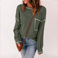 thumbnail image 4 of Sweatshirt for Women Trendy Fall Winter Comfy Crew Neck Long Sleeve Puff Cold Shoulder with Pocket Solid Color Leisure Polyester Blouses Tops(Green,M), 4 of 7