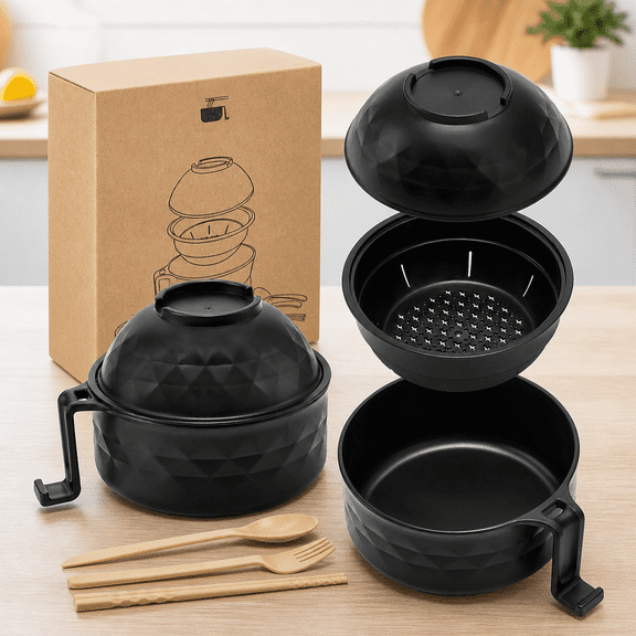 Classic Microwave Ramen Bowl Tableware Set with Handle, Cutlery (Spoon, Fork, Chopsticks) – Safe, Easy to Use, Versatile for Noodles, Soups, Home Use, Ideal for Dorms, Christmas Gift Kitchenware Cont