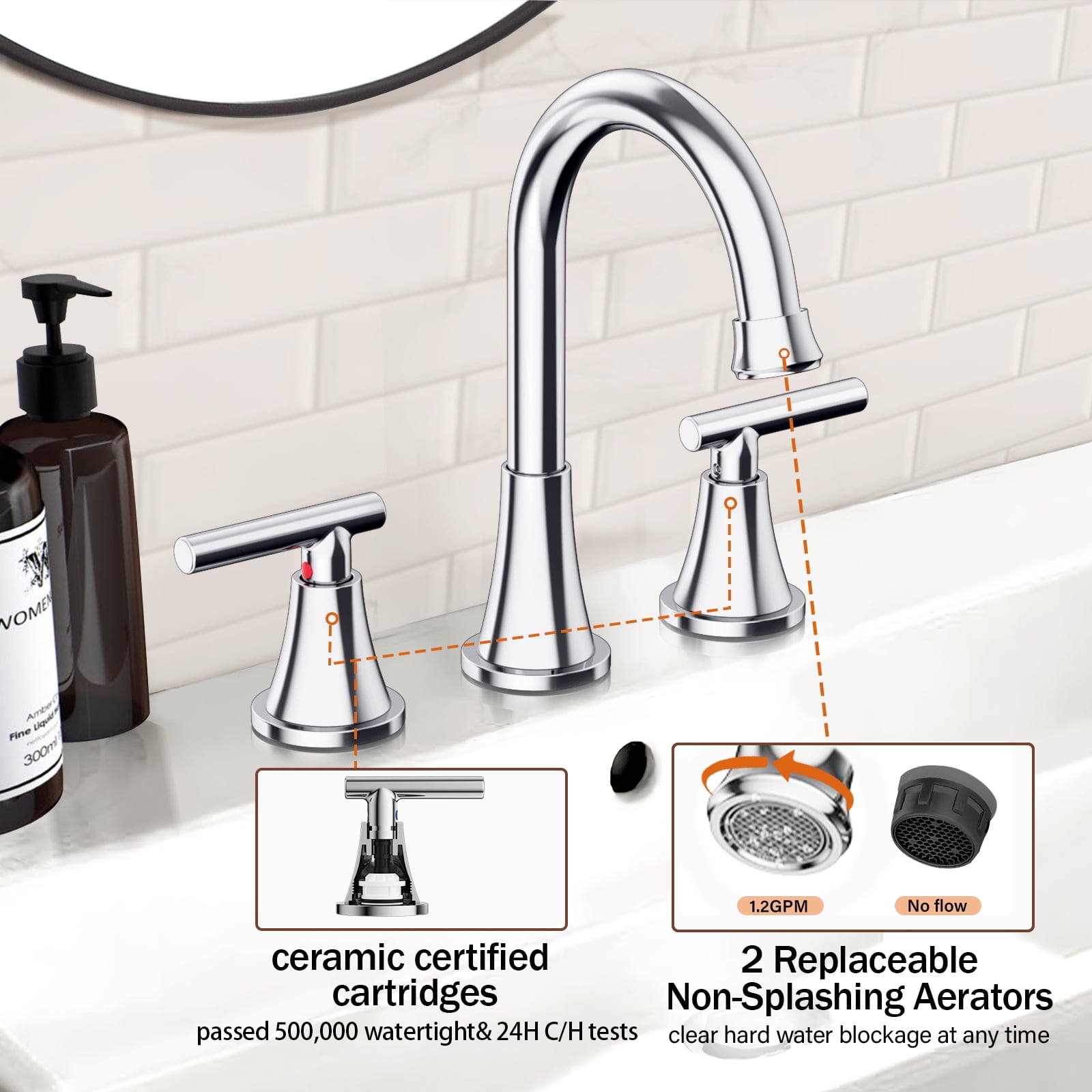KINGTACK Bathroom Faucet for Sink 3 Hole, Chrome Bathroom Faucets with Pop-up Drain and Supply Lines, 2 Pack