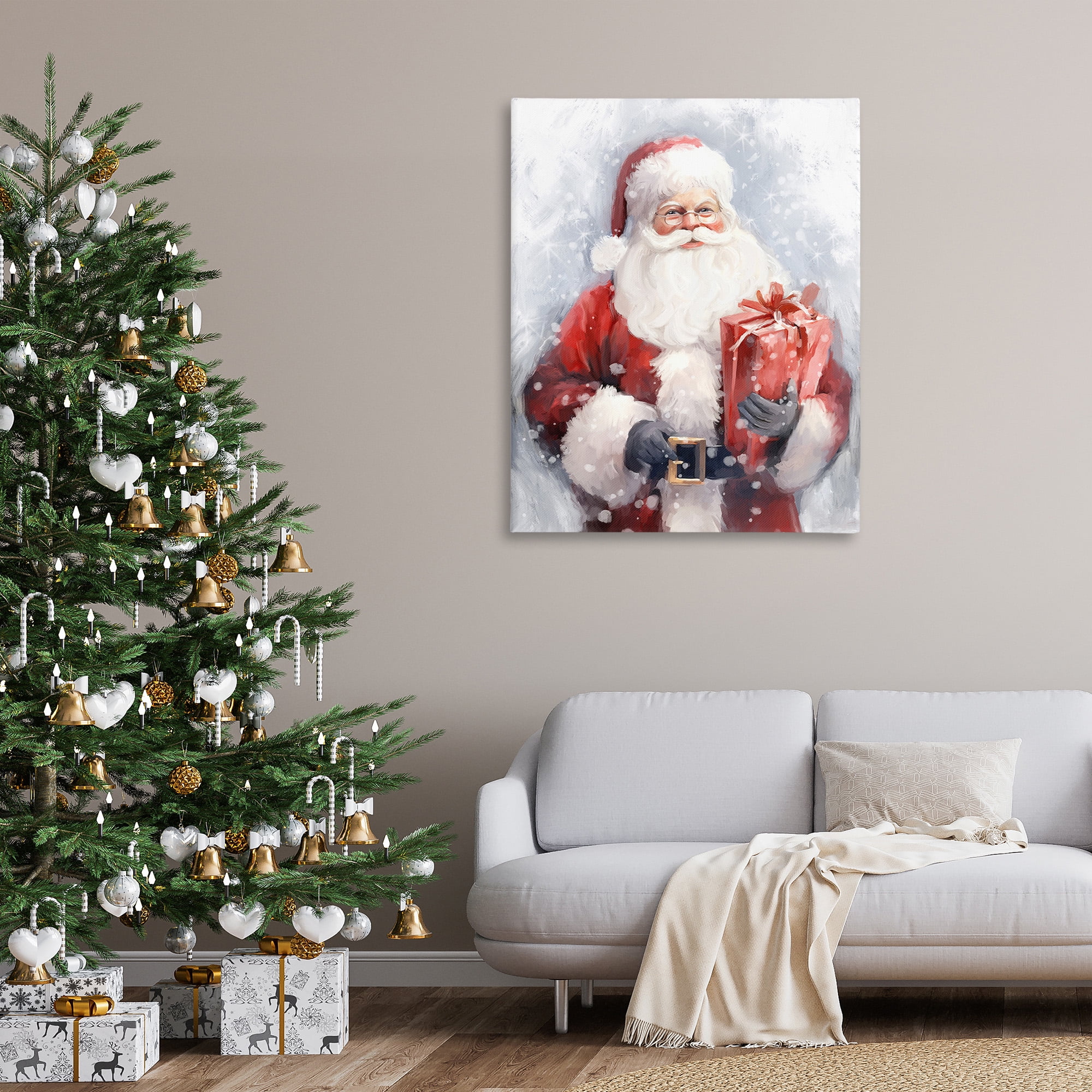 Stupell Industries Santa with Red Gift Holiday Painting Gallery Wrapped Canvas Art Print Wall Art, 36 x 48