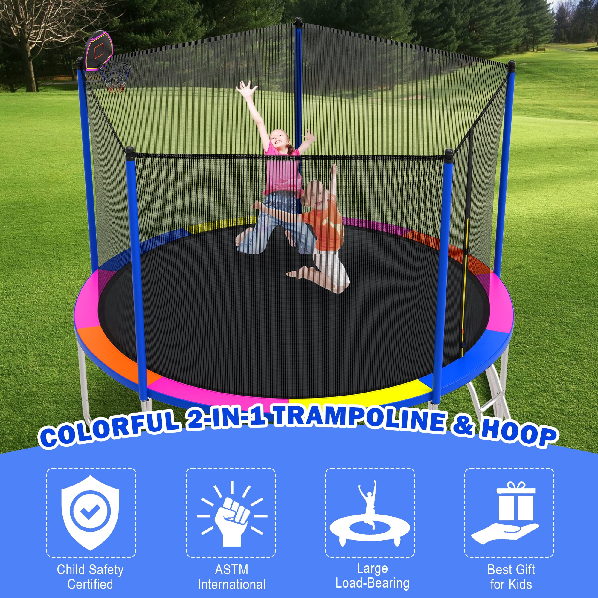 Outdoor Trampoline for Kids, Seizeen 12FT Kids Trampoline W/ Enclosure Net, Heavy-duty Rebounder Trampoline with Basketball Hoop, Ladder, Upgraded 4-W Support