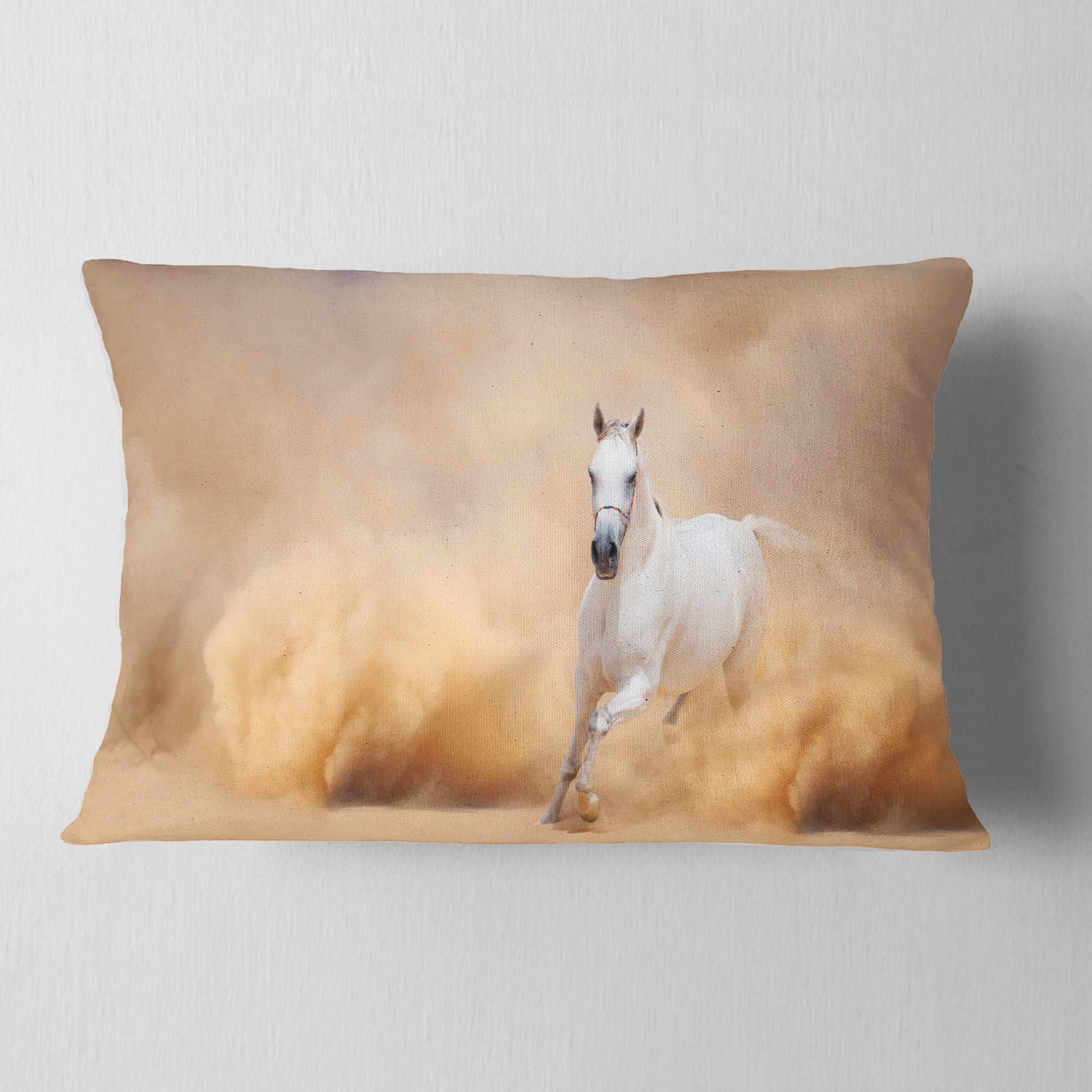 Designart Arabian Horse in Desert Storm - Photography Throw Pillow - 12x20