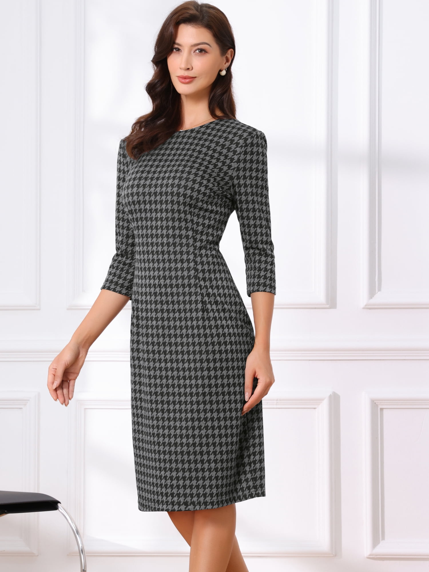 DARING DIVA Vintage Houndstooth 3/4 Sleeve Bodycon Dress M Dark Grey