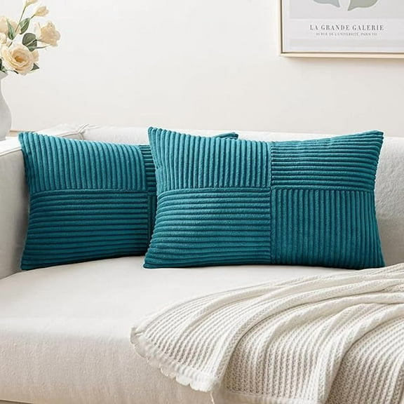 Wanhoo Teal Corduroy Pillow Covers Pack of 2 Boho Decorative Spliced Throw Pillow Covers Soft Solid Couch Pillowcases Cross Patchwork Textured Cushion Covers for Living Room Bed Sofa 12x20 inch
