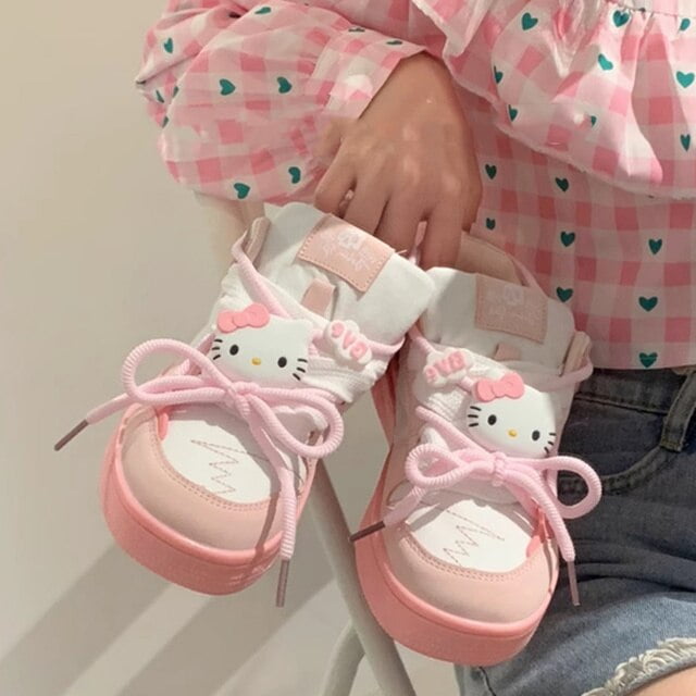 Sanrio Hello Kitty Lace up Sneakers Small White Shoes Women s 2023 Summer New Cute Cartoon Breathable Thick Muffin Soles Shoes