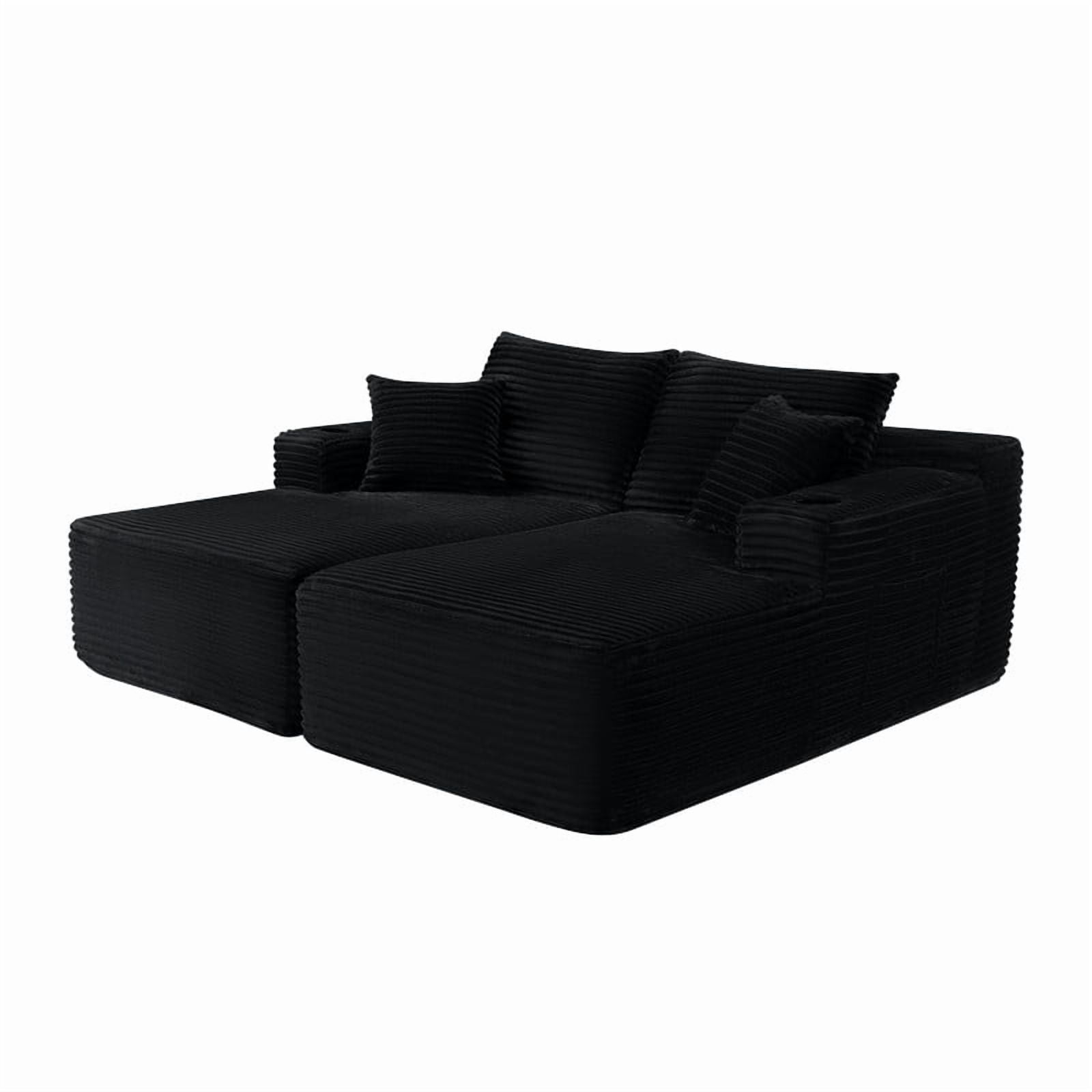2-Seater Double Chaise Lounge, Deep Seat Upholstered Floor Couch, Boneless Loveseat Sofa with Cup Holder & Storage Pocket