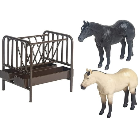 Little Buster Toys Priefert Pasture Horse Feeder with Black and Buckskin Quarter Horses