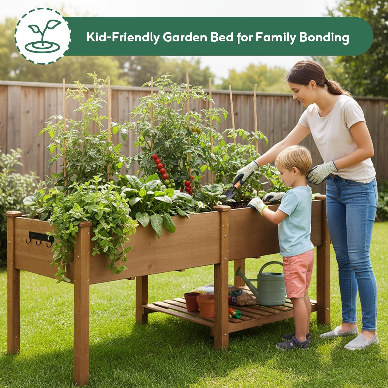 81" Large Raised Garden Bed with Legs, Elevated Planter Box with Liner, Side Table, Storage Shelf & Hanging Hooks for Vegetables & Herbs, Brown