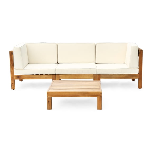 GDF Studio Keith Outdoor Acacia Wood 3 Seater Sofa and Coffee Table Set with Cushions, Teak and Beige