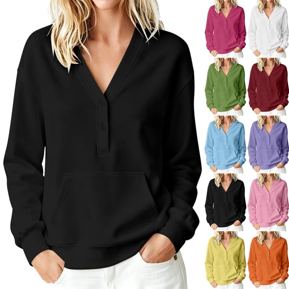 V-Neck Sweatshirts Pullover Sweatshirts Fall Fashion 2026 Pullover Women's Casual No-Hood Button-Down V-Neck Pocket Long-Sleeve Sweatshirt Black S