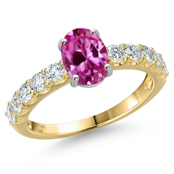 Gem Stone King 14K Two Tone Gold Pink Created Sapphire and Lab Grown Diamond Engagement Ring for Women | 2.30 Cttw | Oval 8X6MM | Gemstone September Birthstone | Size 6