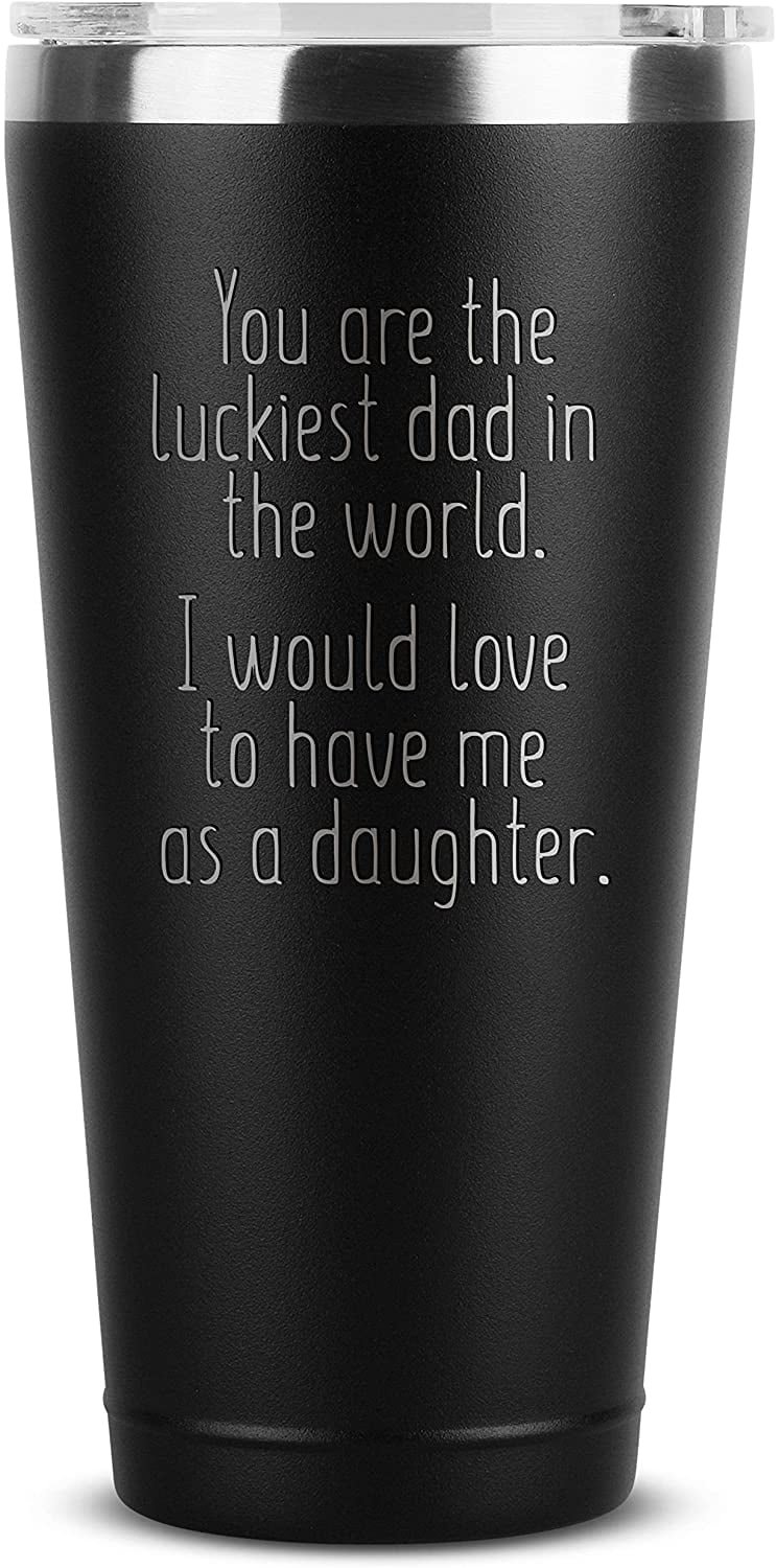 Luckiest Dad, Daughter - 30 oz Black Insulated Stainless Steel Tumbler w/ Lid Mug Cup for Men