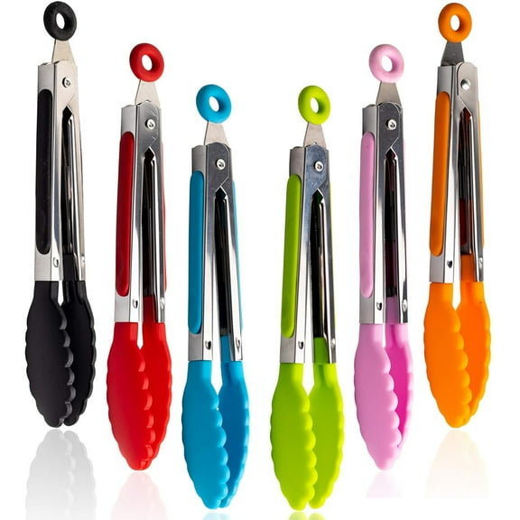 GMZW 6 Pcs Mini Silicone Tongs, 7 Inch Small Serving Kitchen Tongs, with Silicone Tips Christmas Party, Supplies for Salad, Grilling, Frying and Cooking(Multi)