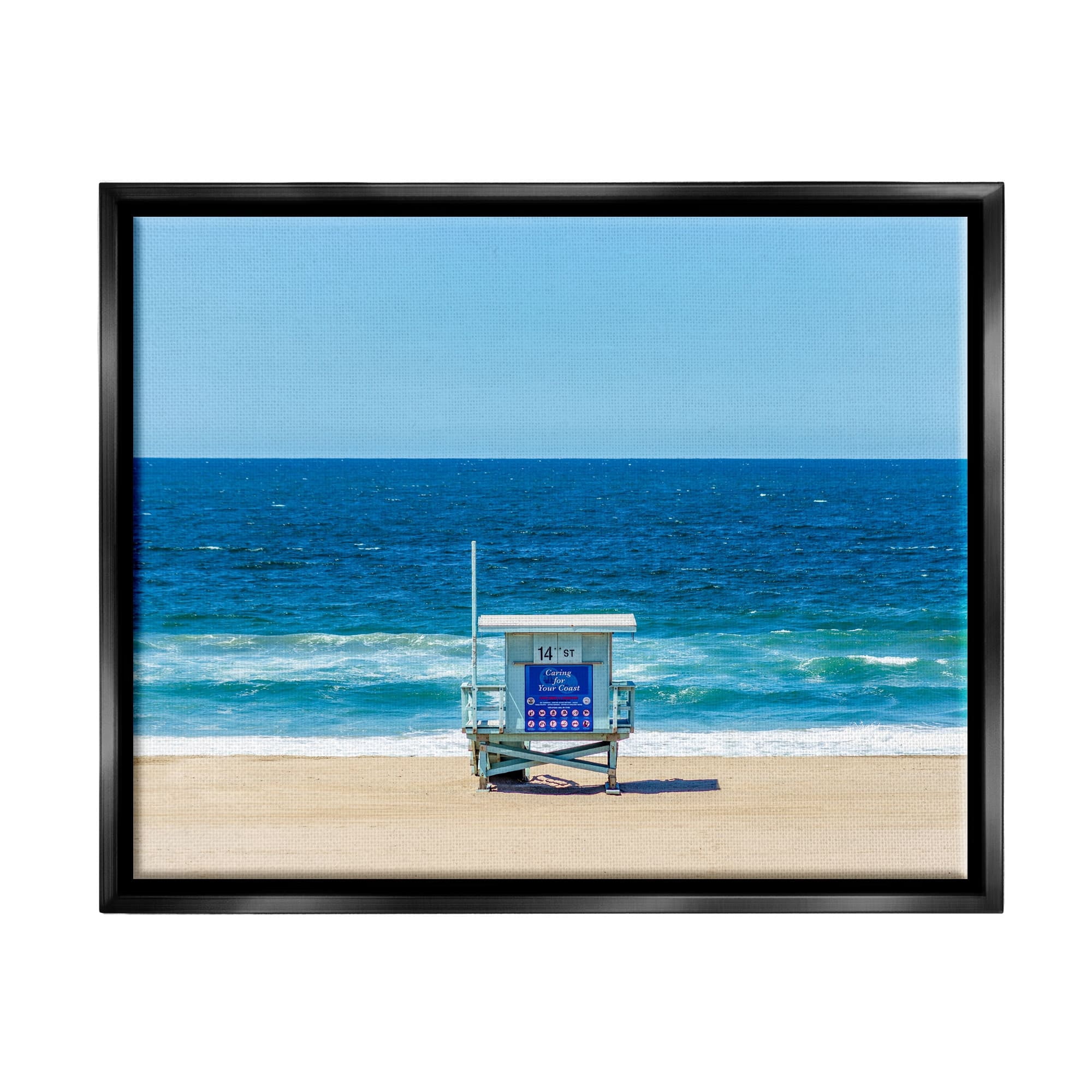 Stupell Industries Vivid Blue Beach Water Waves Coastline Hut Photograph Metallic Gold Floating Framed Canvas Print Wall Art, Design by Jeff Poe Photography