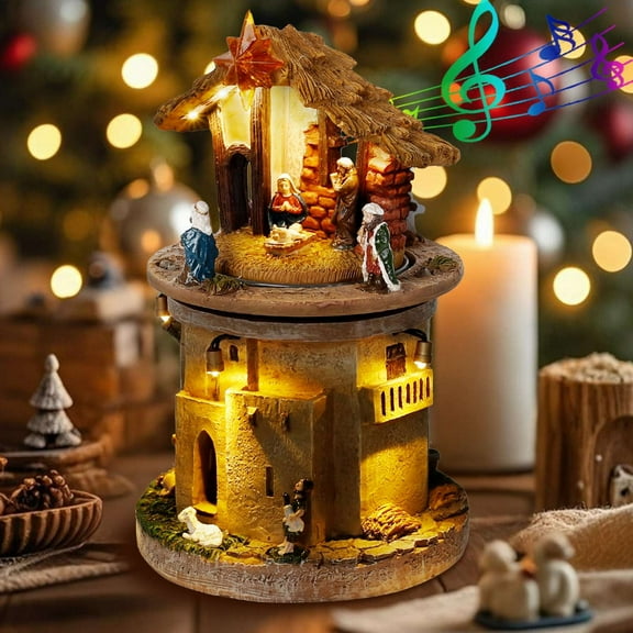 Lighted Animated Christmas Nativity Scene – Holy Family Collectible with LED and Religious, Rotating Manger Figurines – Battery Operated Christmas Decoration (8.66" Tall)