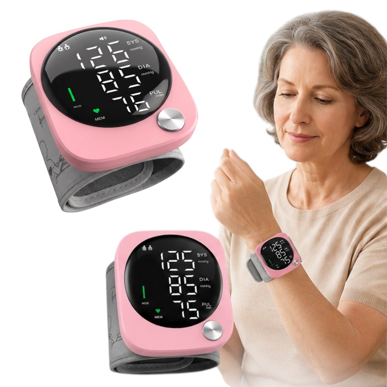 VROVIRE Wrist Blood Pressure Monitor for Home Use, Automatic Digital BP Machine with Wrist Cuff, Large Display, Voice Broadcast, 2 Users x 99 Memory, Pulse Rate Monitor, Pink