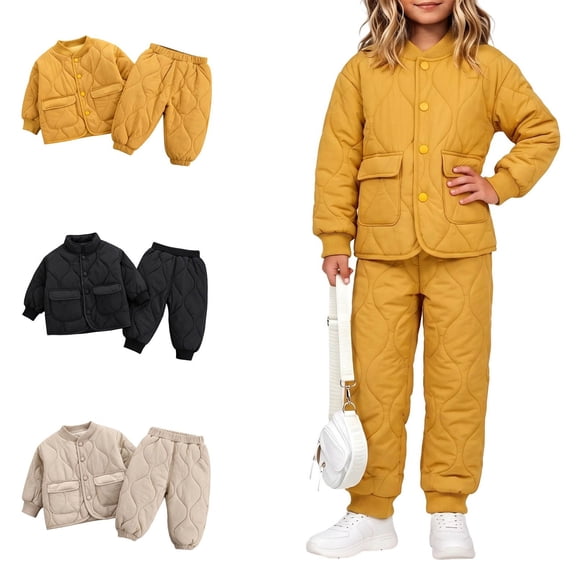 Afuyipoi Toddler Girls Fall Winter Fleece Lined Quilted Jacket Set Warm Top for Outdoor Play Yellow Size 3T