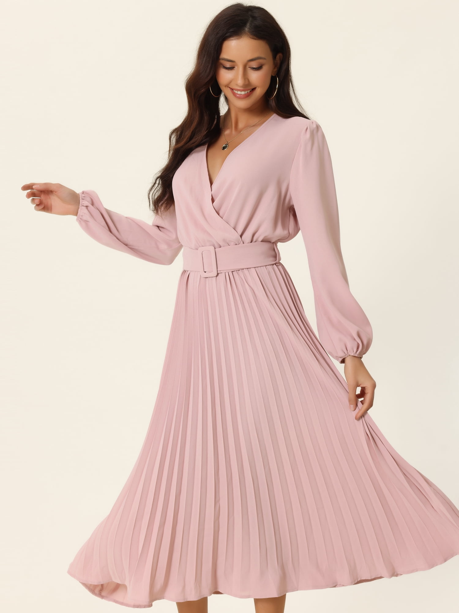 Unique Bargains Women's Long Puff Sleeve Flowy Ruffle Pleated Dress with Belt M Dusty Pink