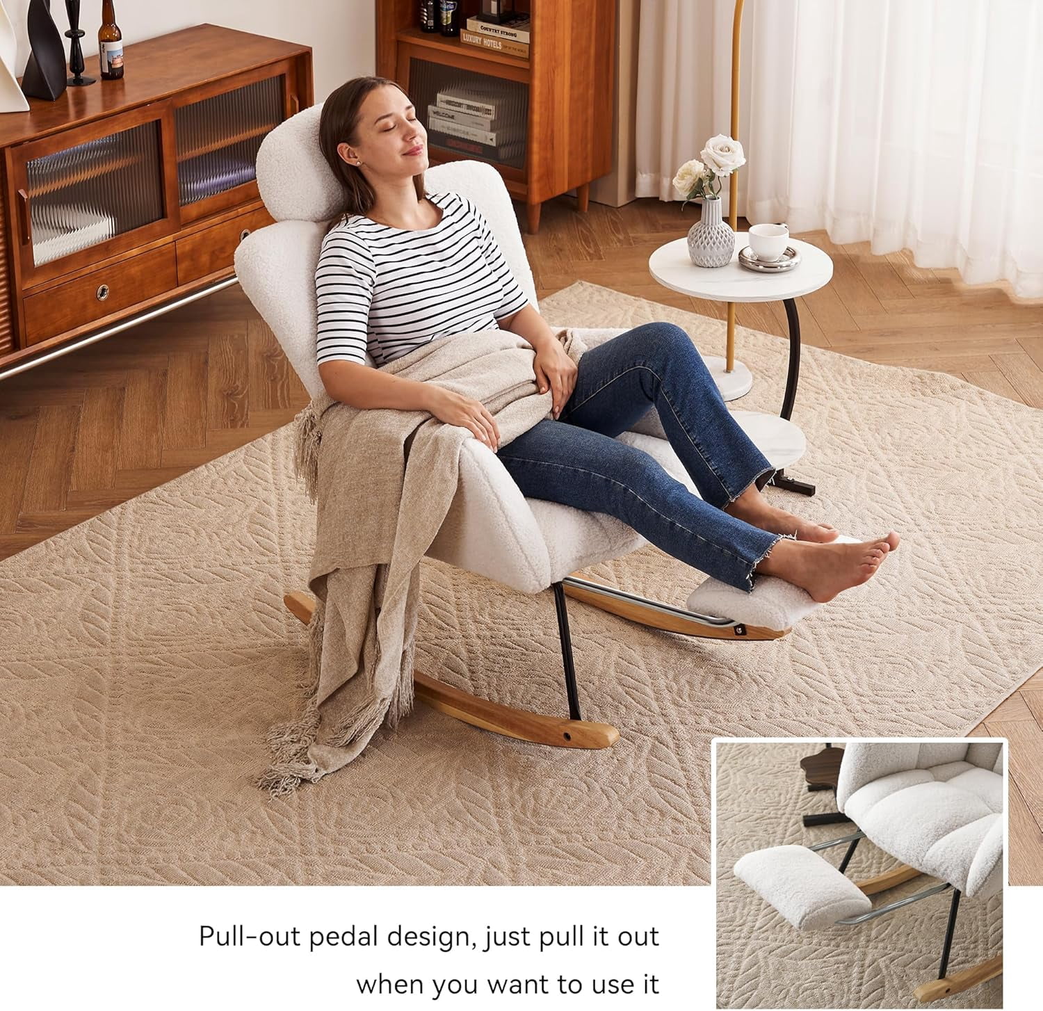 Rocking Chair Nursery Teddy Upholstered Glider Rocker High Backrest Nursery Rocker Comfortable Armchair