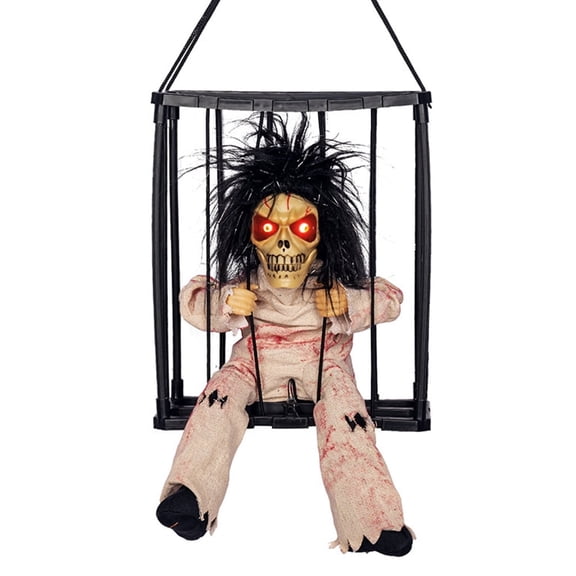 Halloween Decorations Outdoor, Screaming Skeleton Halloween Decor with Motion Activated & Light Sensor, Spooky Prisoner Cage with Spider Web Haunted House Decorations, Ghost with Hat
