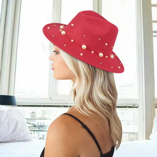 Jusqu'à 10 $ Casquettes de Baseball Rouges Femmes Mode Fedora Chapeau Panama avec Perles Faites à la Main