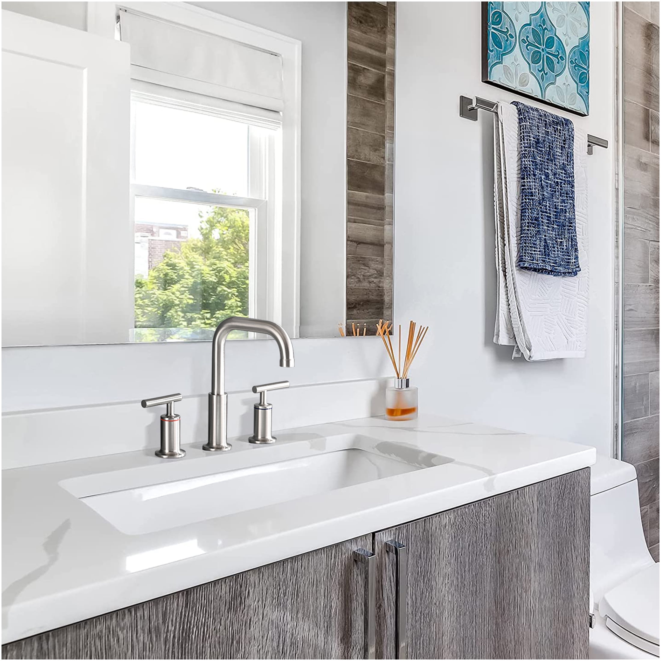 JERFIT 8 inch Widespread Bathroom Sink Faucet with Drain, Brushed Nickel Finish, High Arc Spout, Lever Handles, Solid Brass Construction