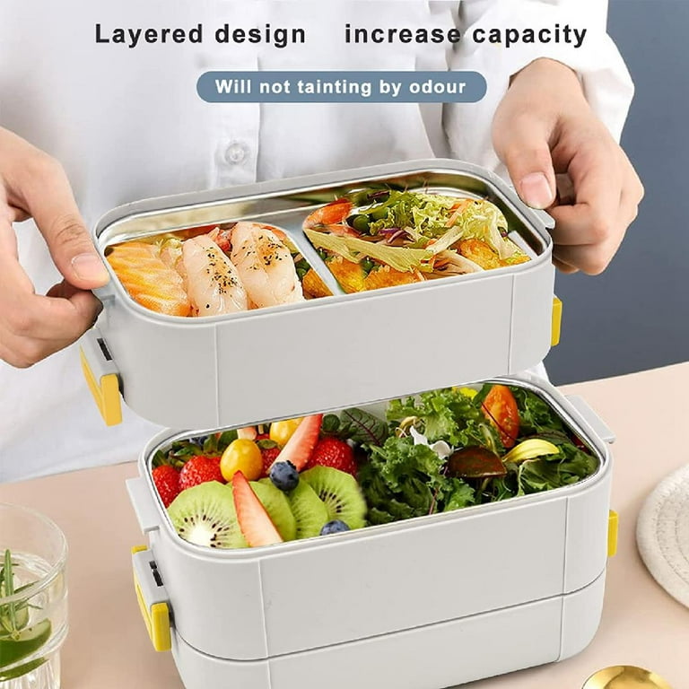 Bento Box with Lunch Bag Stainless Steel Salad Bento Lunch Container,  Leakproof Lunch Box for Teens & Adults, Reusable Wheat Straw Spoon/Fork &  Food Grade Salad Dressing Box, Gray, 3 tiers 