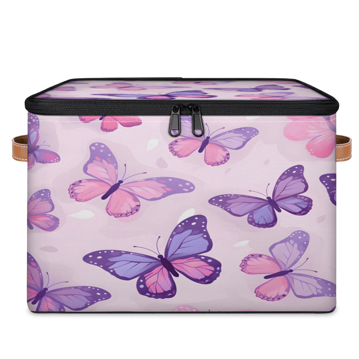 ADECORIVY Butterfly Storage Bin with Lid Fabric Purple Pink Foldable Storage Baskets Boxes for Clothes Shelves Closet Organizer Containers with Leather Handles for Wardrobe