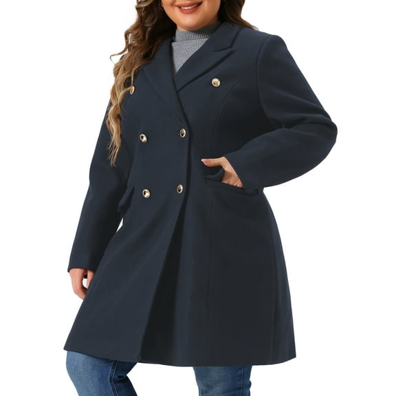 DARING DIVA Womens Plus Size Winter Pea Coat Double Breasted Notch Lapel 1X Navy Blue