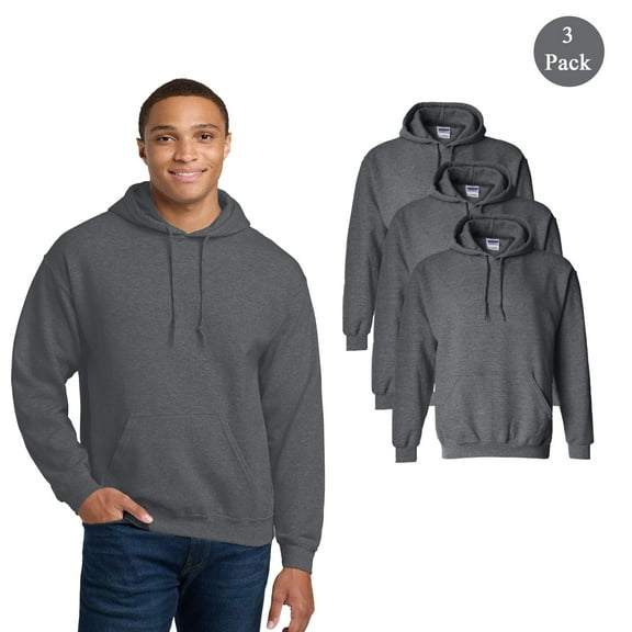 Gildan Men Heavy Blend Hooded Sweatshirt, Long Sleeve Pocket Fleece Hoodie, Dark Heather 3-Pack, S