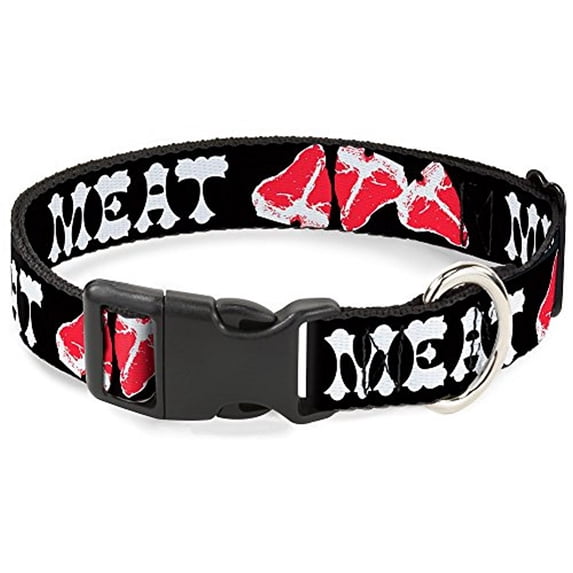 Buckle-Down Pet Collar, Dog Collar Plastic Buckle, Steaks Meat Text, 16 to 23 Inches 1.5 Inch Wide