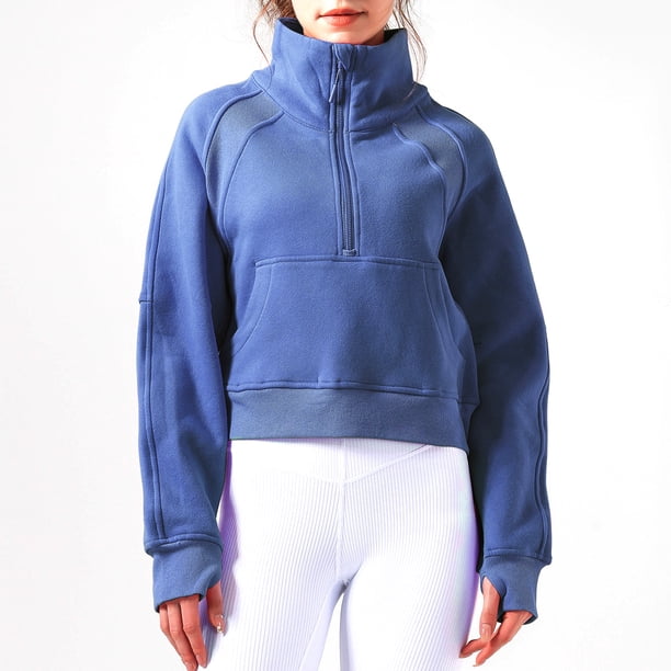 Sudaderas azules para mujer, jersey corto con media cremallera, cuello embudo, forro polar con cremallera, camisetas de manga larga con orificio para el pulgar