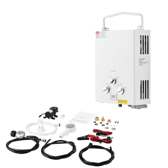 KFFKFF Compact Propane Water Heater, Outdoor 5L Tankless Water Heater, 34000 BTU 1.32 GPM Instant Warm Water, Including Accessory Kit, Regulator, and Water Pump for RVs, Camping Adventures, Cabins