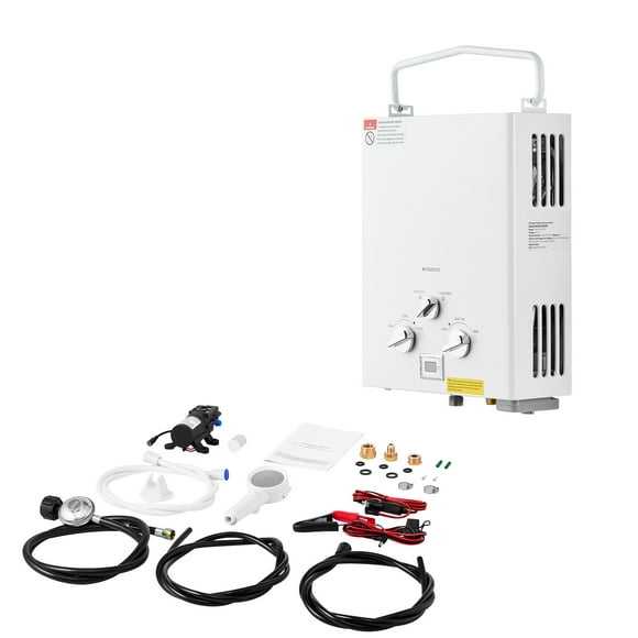 KFFKFF Portable Propane Water Heater, 5L Tankless Outdoor Water Heater, 34000 BTU 1.32 GPM Instant Hot Water, with Accessory Set + Regulator +Water Pump