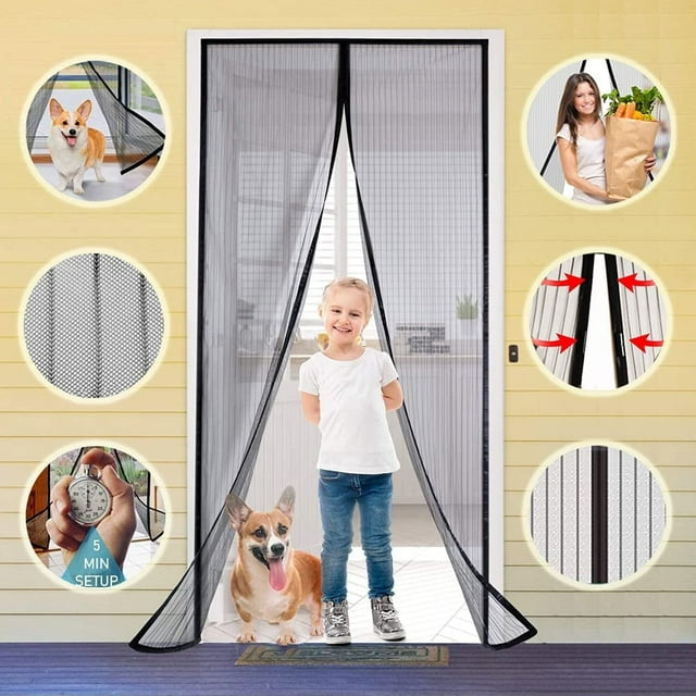 Puerta mosquitera magnética autosellante, con cortina de malla resistente, apta para mascotas y niños, compatible con puertas de hasta 99 x 210 cm.