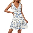 thumbnail image 2 of WTOBBY Women's Casual Summer Dress V-Neck Sleeveless Floral Print Pleated Hem Dress with Elastic Waist for Daily Comfort and All-Day Wear,CyanL, 2 of 5