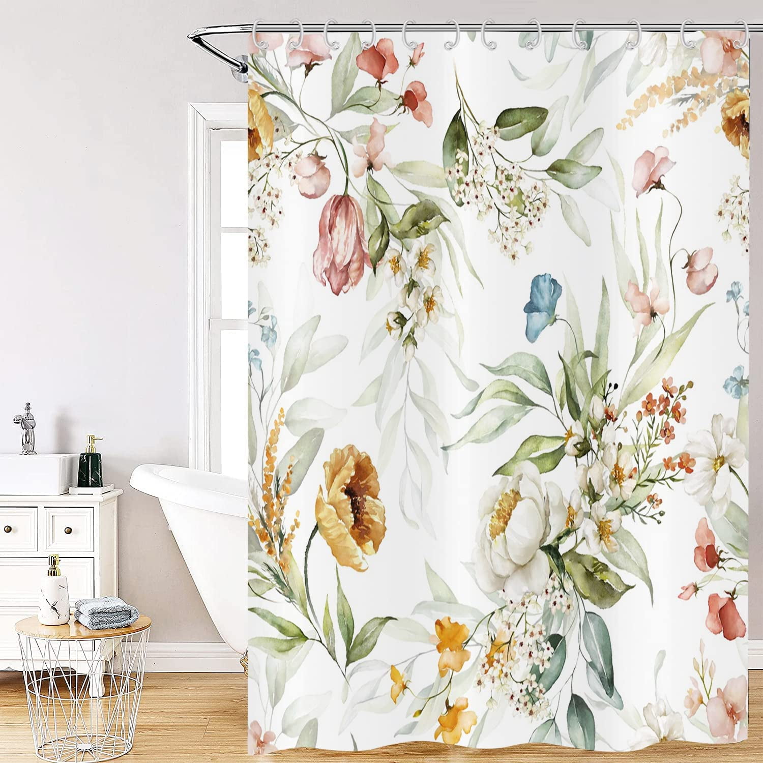 Floral Shower Curtain, Weighted Bottom Colorful Bright Rustic Flower