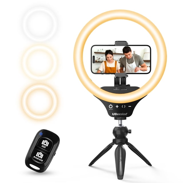 UBeesize Anillo de luz para selfie de 10 pulgadas con soporte para trípode y soporte para teléfono celular, luz circular LED de escritorio regulable para transmisión en vivo/maquillaje/YouTube/TIK Tok