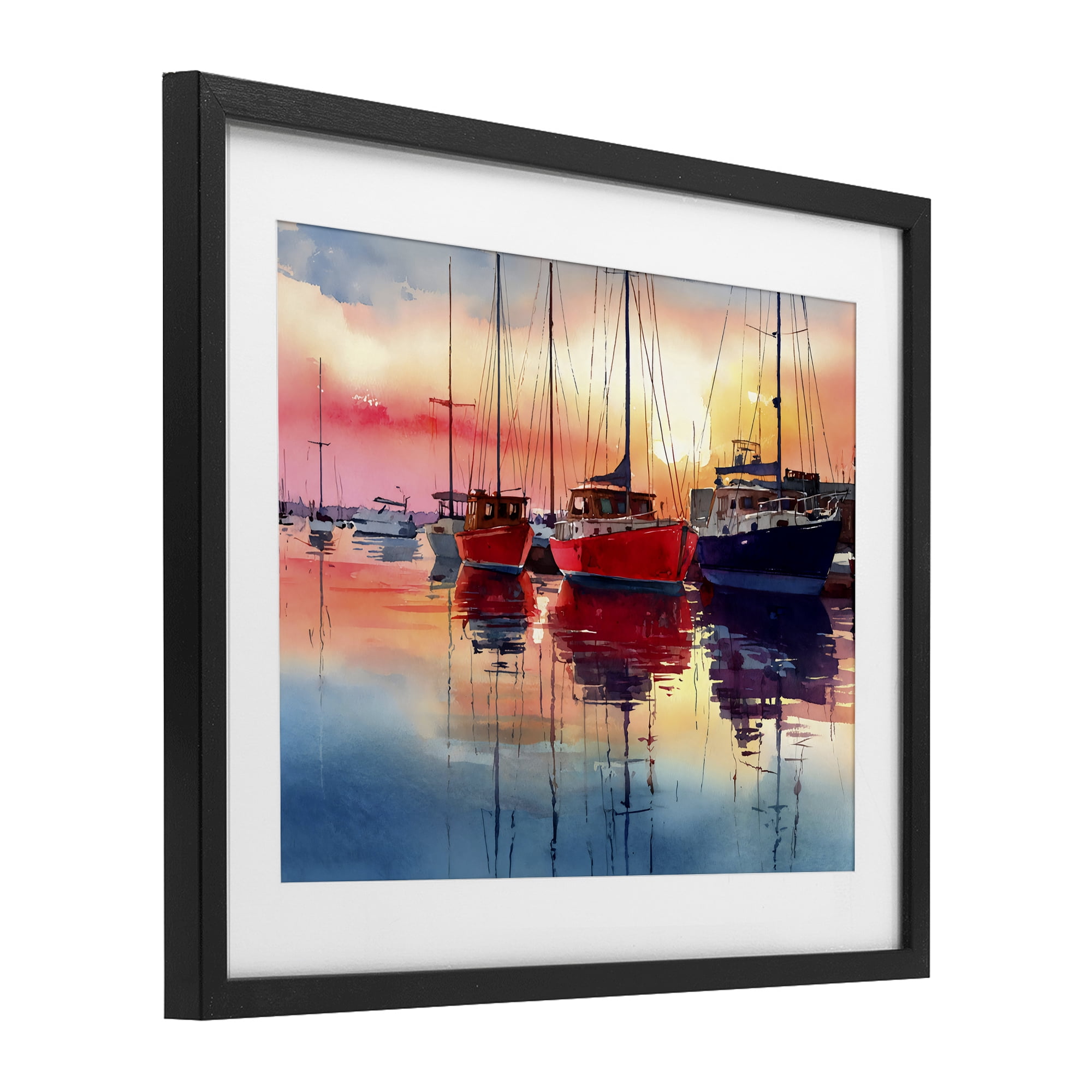 Stupell Industries Red & Blue Boats at Sunset Black Framed Print Under Glass, design by Franklyn Gregory